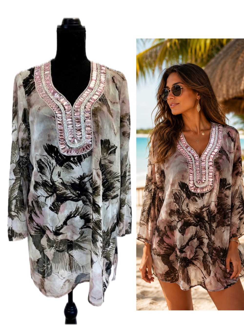 PREMISE brown pink sheer chiffon gem jewelled beach coverup blouse top Sz L 🔥 - Picture 4 of 13